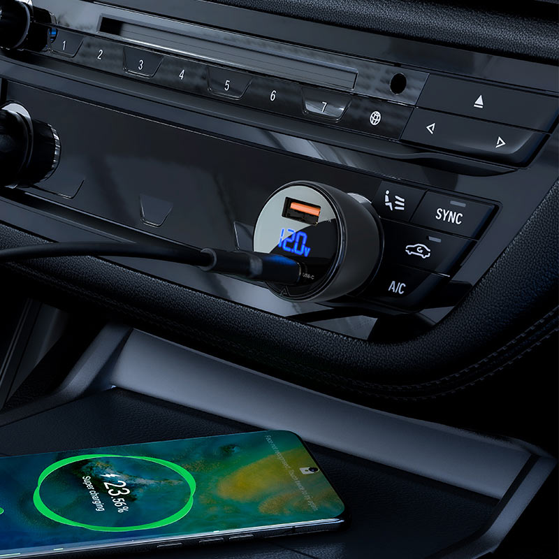 USB-A + USB-C Metal Car Charger 63W  with Digital Display - MFI Approved