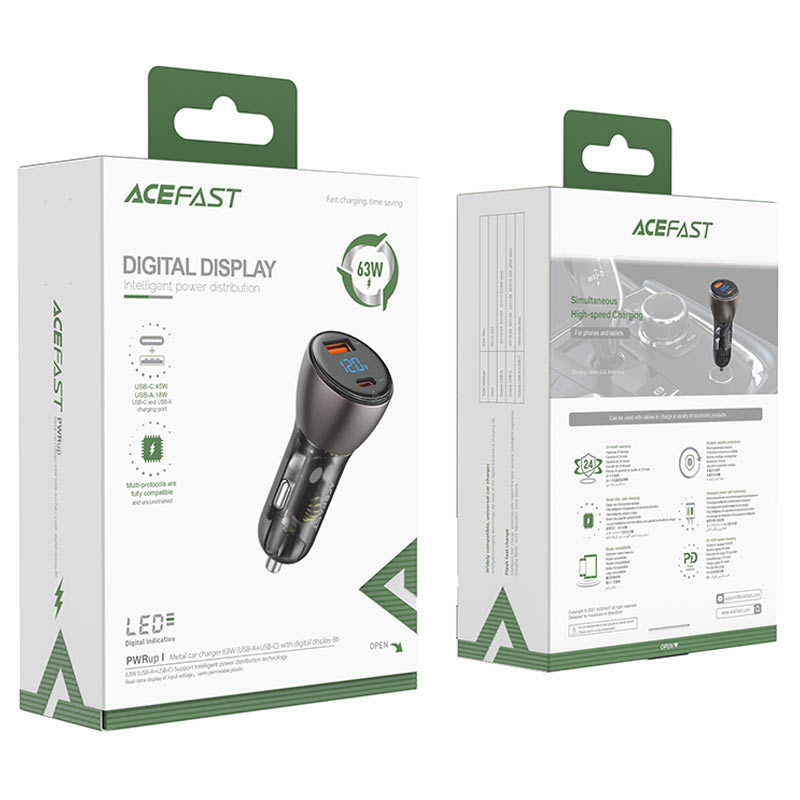 USB-A + USB-C Metal Car Charger 63W  with Digital Display - MFI Approved