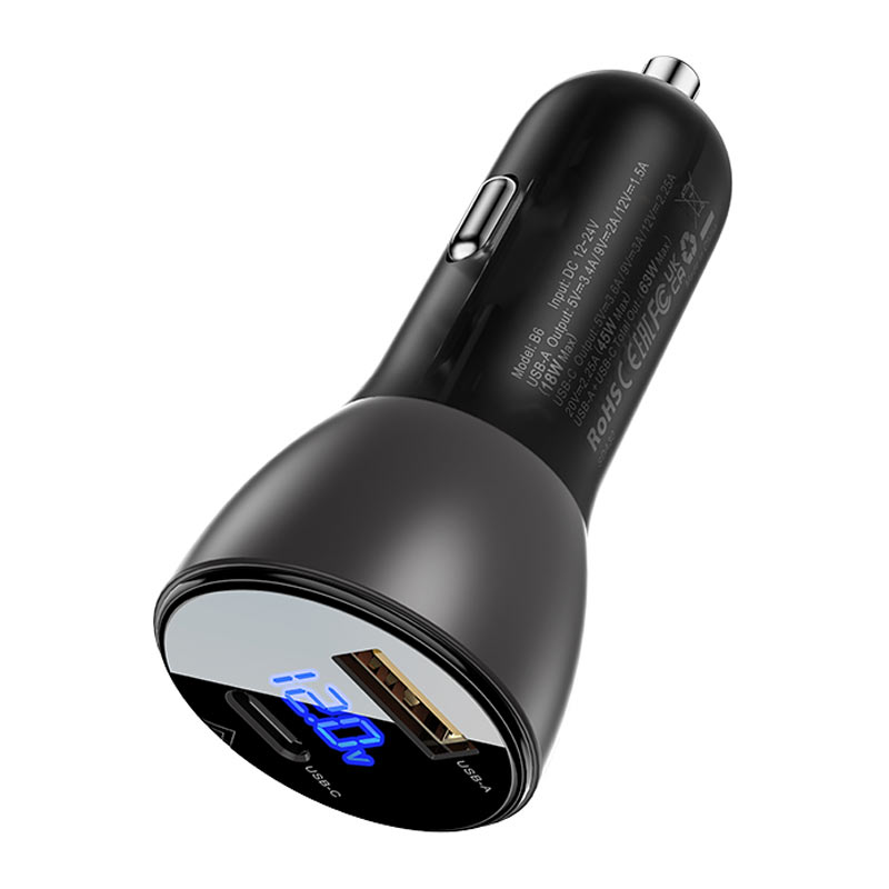 USB-A + USB-C Metal Car Charger 63W  with Digital Display - MFI Approved